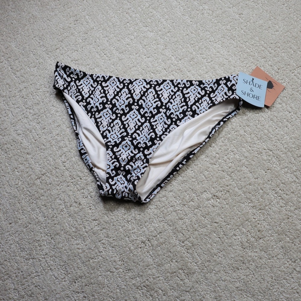Shade & Shore Womens Black White Crepe High Leg Bikini Bottom Large 12-14 NWT